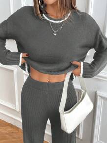 SHEIN PETITE 2pcs Women Colorblock Trim Round Neck Long Sleeve Top And Pants Set - Grey - View 5