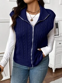 Calvaya Plus Size Women Jednokolorowy Dzianinowy Golf Aran School Style Sweter Zapinany Z Przodu Kamizelka Jesień/Zima