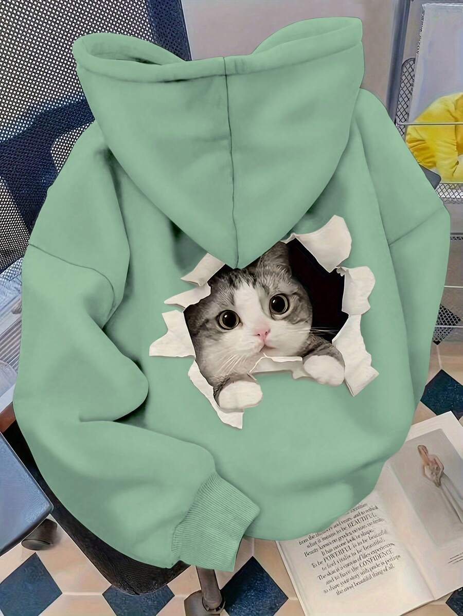 INAWLY 女士时尚街头风印花长袖连帽卫衣，春秋季毕业季、返校季、毕业季、教师节女装、返校季套头衫秋季卫衣 - 綠色 - 查看 1