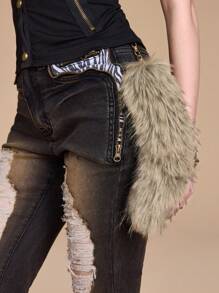 ROMWE Grunge Punk 1 件 Y2K 时尚百搭复古时尚优质棕色毛绒仿动物狐狸尾巴钥匙扣和钥匙圈包挂饰，适合女性女孩日常穿着、节日礼物 - 卡其色 - 查看 2