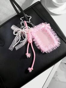 ROMWE Kawaii 1pc INS Korean Style Handmade Beaded White Faux Pearl & Pink Crystal Lace Bow Card/ID Badge Holder With Adjustable Lanyard Rope, Keychain Bag Charm, Suitable For Office Workers, Students, Daily Wear, Holiday Gift