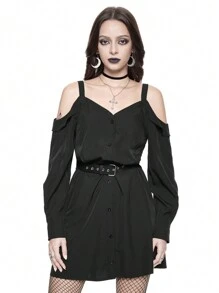 ROMWE Goth Robe chemise mini pour femmes avec col montant gothique foncé, décolleté en V au dos, sangles en forme d'étoile et ceinture de taille amovible