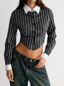 Flirla Vrouwen effen kleur knoop voorkant lange mouw casual blouse voor dagelijks gebruik