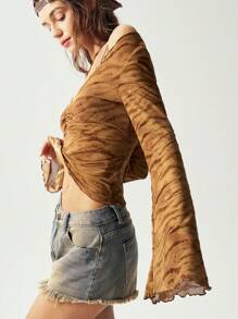 Bohemela BOHO Hippie Women's Figure-Hugging T-Shirt With Chest Ruching And Flared Sleeves - Mocha Brown - View 5