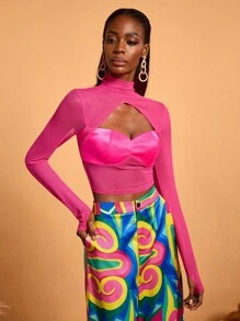 Abeille Creations Designer Boho Bohemian Women's Hot Pink Stand Collar Hollow See-Through Mesh Corset Sexy Short Party Top, For Holiday, Vacation, Spring & Summer, Going Out, Festival, Ibiza Fits