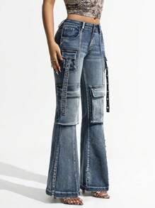 SHEIN ICON 女式复古低腰工装喇叭牛仔裤，街头风格紧身喇叭牛仔裤 - 中等水洗藍 - 查看 6