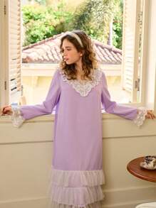 少女简约蕾丝撞色长袖长睡袍家居服，适合春秋季节 - 紫色 - 查看 5