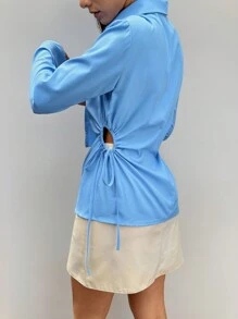 SHEIN Unity 女士镂空抽绳腰喇叭袖女式衬衫 - 藍色 - 查看 2
