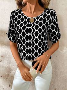 SHEIN Clasi Blusa de manga media con patrón geométrico para mujer