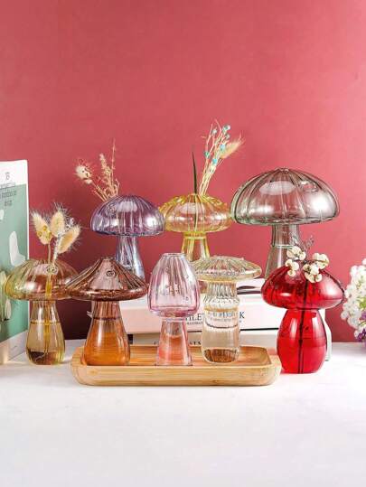 1 件简约彩色透明玻璃蘑菇形花瓶，适用于家庭、卧室和办公室的水培插花装饰，有趣的礼物、房间装饰、斋月装饰、家居装饰、浴室装饰