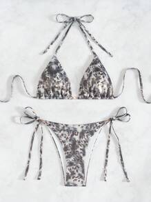 2 件套夏季假期豹纹金箔面料吊带三角文胸和系带侧泳裤性感比基尼泳装套装