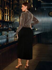 SHEIN Clasi Plus Size Women Contrast Color Stand Collar Long Sleeve Ruched Side Slit Hem Fitted Elegant Dress - Multicolor - View 2