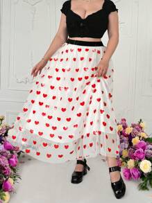 Sunnyshic Falda larga elegante de malla con diseño de corazón para tallas grandes para el Día de San Valentín