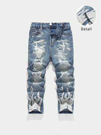 SHEIN Young Boy Fashionable Retro Design Distressed Ripped Frayed Flame Print High Stretch Slim Fit Blue Jeans ,Leisure And Versatile For Kids Outdoor Wear Clothes Outfits