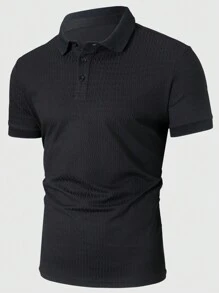 Manfinity Homme Men's Solid Color Texture Fabric Jacquard  Short Sleeve Casual Commuting Polo Shirt  Husband Spring& Summer Tops - Black - View 1