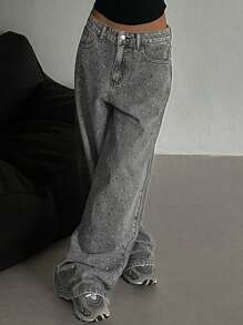 DAZY Women's Casual Rhinestone Embellished Denim Pants, Minimalist Fashion For Everyday Wear,Baggy Jeans