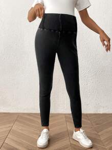 SHEIN Pregnant Women Plain Simple Fitted Casual Pants, For Everyday Wear - Black - View 8