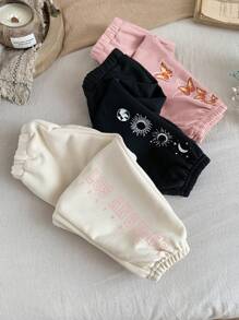 SHEIN Set de 3 pantalones de niña bebé con diseño de patrones de dibujos animados y cintura elástica, adecuados para otoño/invierno