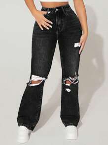 SHEIN PETITE Jeans térmicos con pierna recta desgastados, vaqueros de tela gruesa para el otoño y el invierno