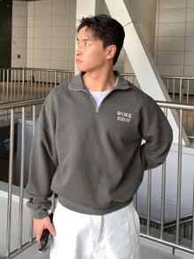 DAZY Men's Half Zip-Up Letter Print Pullover Sweatshirt, Fall Clothes - Grey - View 6