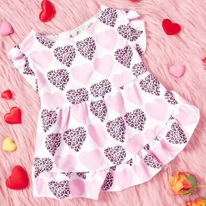 PETSIN 1 pieza Vestido para perro con manga de casquillo, frente con lazo y estampado de leopardo rosa con corazón para el Día de San Valentín