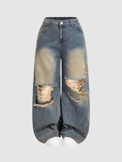 SHEIN MOD Plus Size Women Loose Flared Ripped Distressed Jeans, Blue, Fall Women Clothes
