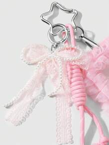 ROMWE Kawaii 1pc INS Korean Style Handmade Beaded White Faux Pearl & Pink Crystal Lace Bow Card/ID Badge Holder With Adjustable Lanyard Rope, Keychain Bag Charm, Suitable For Office Workers, Students, Daily Wear, Holiday Gift