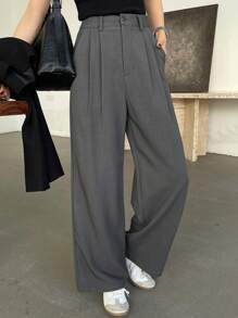 DAZY Women's Solid Color Front Button Pocket Casual Pleated Loose Suit Pants,Women Dress Pants
