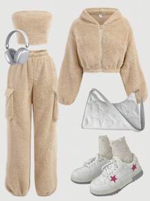 SHEIN Girlism 3pcs/Set Teen Girl Solid Color Vintage/Athleisure/Casual Jacket, Tube Top, And Sweatpants