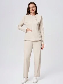 Scrubzie 2pcs Set Wrinkle-Resistant Moisture Wicking Long Sleeve Women Scrub Uniform Top And Pants, Autumn/Winter