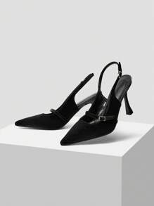 MOTF PREMIUM 法式方扣细高跟鞋，法兰绒材质，适合情人节、春季鞋、春假复活节 - 黑色 - 查看 4