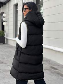 EURMUSE Zip Up Hooded Puffer Vest Coat - Black - View 2