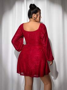 SHEIN ICON Icon Plus Size 女式红色摆领灯笼袖连衣裙，圣诞装，安哥拉红色 - 紅色 - 查看 5