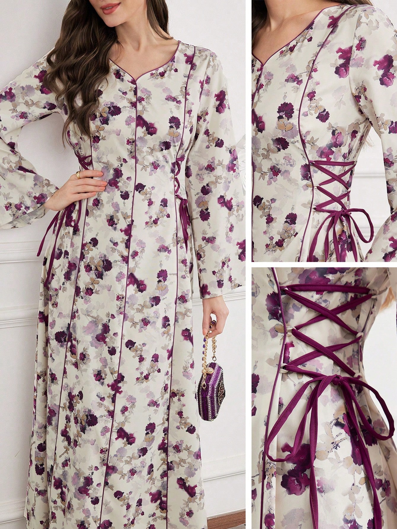 Al Najma فستان طويل الأكمام مع طباعة الأزهار المتن...