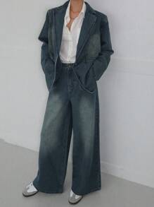 DAZY 2pcs Women Denim Suit: Blazer Jacket And Trousers - Medium Wash - View 1
