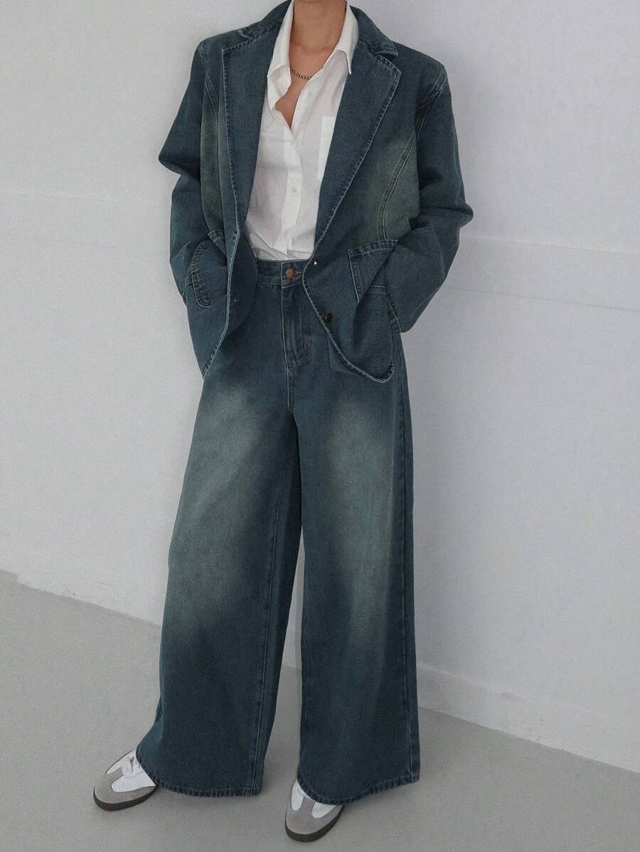 DAZY 2pcs Women Denim Suit: Blazer Jacket And Trousers - Medium Wash - View 1