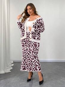 Flirla Plus Size Leopard Print Knit Crew Neck Casual To Work Cardigan With High Waisted Leopard Print Fitted Knit Skirt - Multicolor - View 3