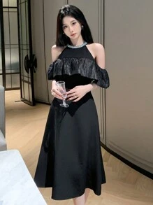 DAZY 1pc Women's Mid-Length Ruffled Collar Off-Shoulder Patchwork Dress Prom Dress Sundress