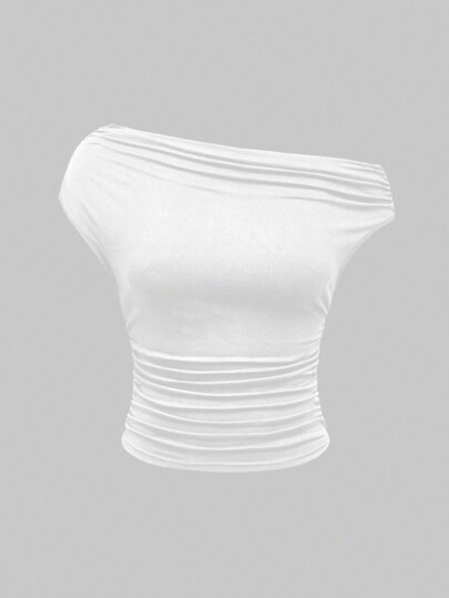 Grunge Punk Maglietta da donna corta con spalla obliqua increspata, stile Shibuya girl Y2K, retrò Y2K