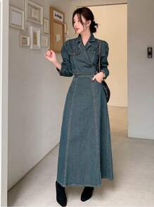 DAZY Women Short Denim Crop Top And Mini Skirt Set - Medium Wash - View 8