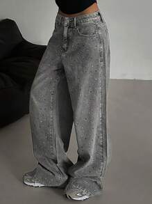DAZY Women's Casual Rhinestone Embellished Denim Pants, Minimalist Fashion For Everyday Wear,Baggy Jeans