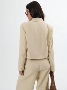 SHEIN Unity Stylish Lapel Long Sleeve Cropped Blazer With Button Detail - Apricot - View 2