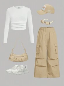 Young Girls Ribbed Pleat Trim Short Sleeve T-Shirt And Relaxed Fit Cargo Pants Outfit, 2pcs Set,Spring Autumn Winter ,Cool Girl Daily Look, Back To School,Suitable For Autumn And Winter,Daily Wear School Daily, Mom And Daughter & Sisters Matching