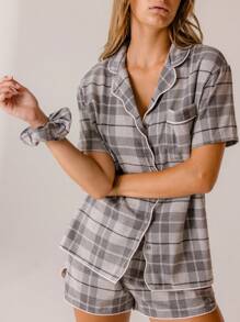 Aralina Cozy Classic Plaid Flannel Short-Sleeve Scallop Short Set With Scrunchie - Multicolor - View 9