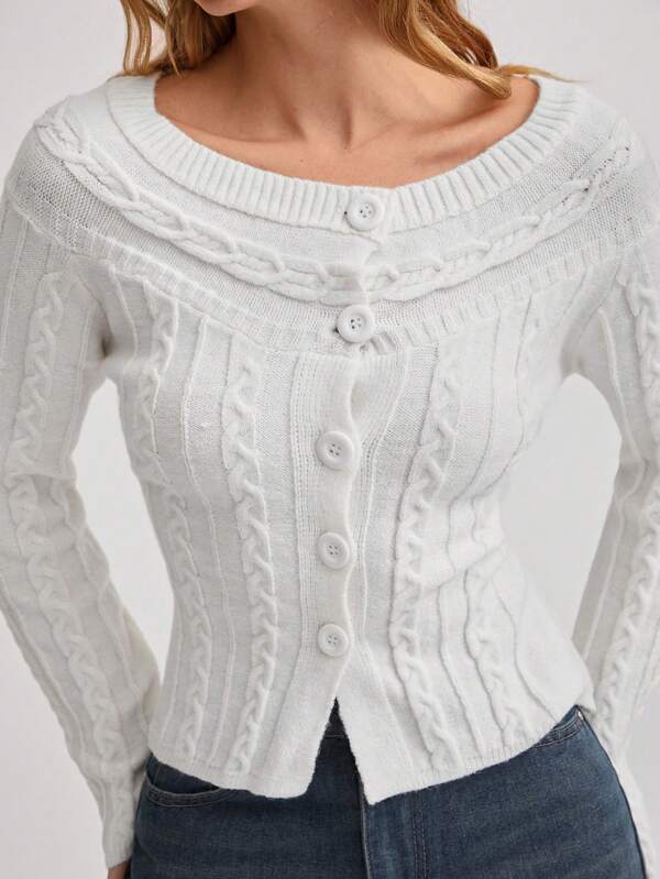 TRNVIE 1pc Women Casual Versatile Fashionable Minimalist Round Neck Cardigan, Textured Slim Fit Long Sleeve Sweater, Autumn/Winter