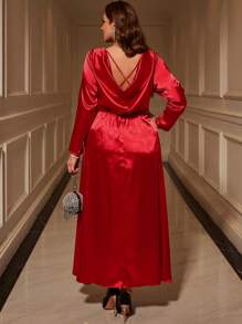 SHEIN Clasi Vestido largo de satén elegante en color rojo sólido con espalda drapeada y manga larga para mujeres curvy talla plus, apropiado para fiestas de invitados y bailes, atuendo de San Valentín