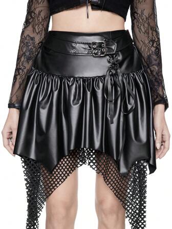 Goth Minigonna punk rock da donna, nera, con orlo asimmetrico, tocchi di contrasto in rete e decorazioni in occhielli, adatta per festival di musica e feste