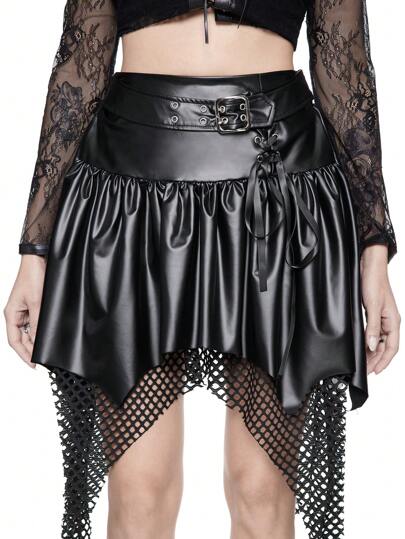 Goth Minigonna punk rock da donna, nera, con orlo asimmetrico, tocchi di contrasto in rete e decorazioni in occhielli, adatta per festival di musica e feste