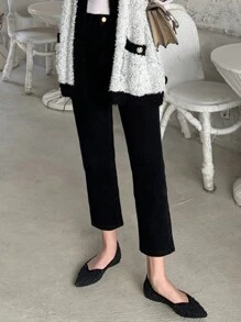 DAZY 女士纯色修身直筒 7/8 长牛仔裤，适合所有季节 - 黑色 - 查看 8