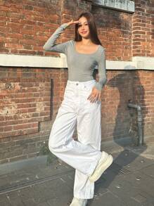 SHEIN EZwear Grey Knitted Bodycon Bodysuit, Women Casual Long Sleeve Round Neck